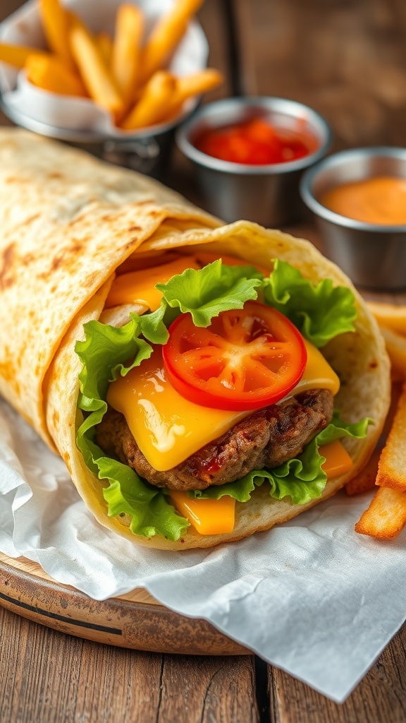 A tortilla burger with a juicy patty, lettuce, tomato, and cheese, served with fries on a wooden table.